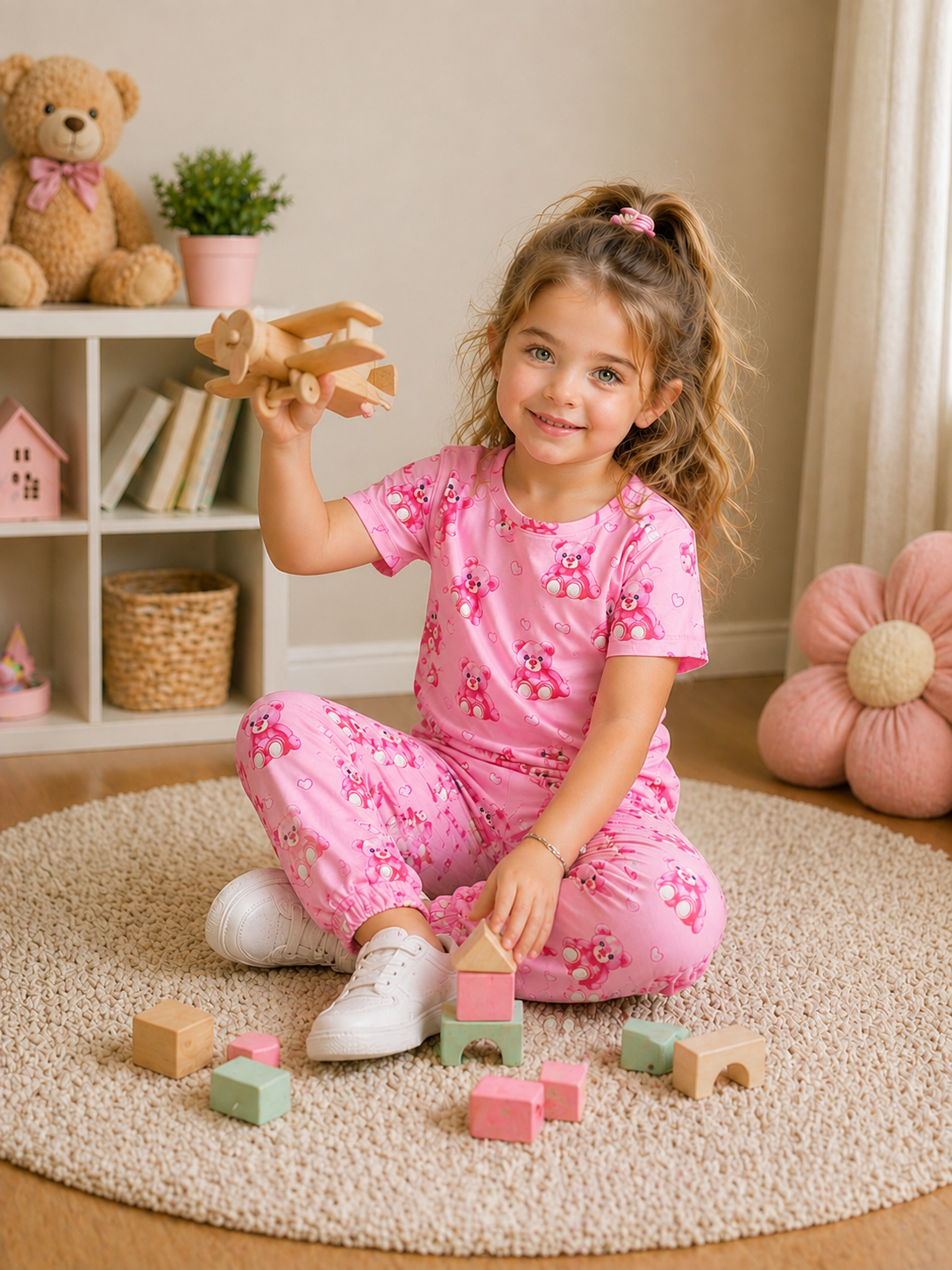 Pink Teddy Bear Love Kids Night Suit