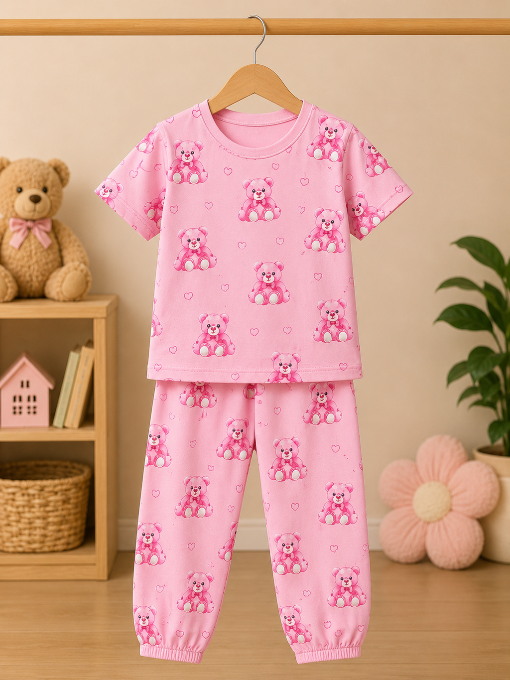 Pink Teddy Bear Love Kids Night Suit