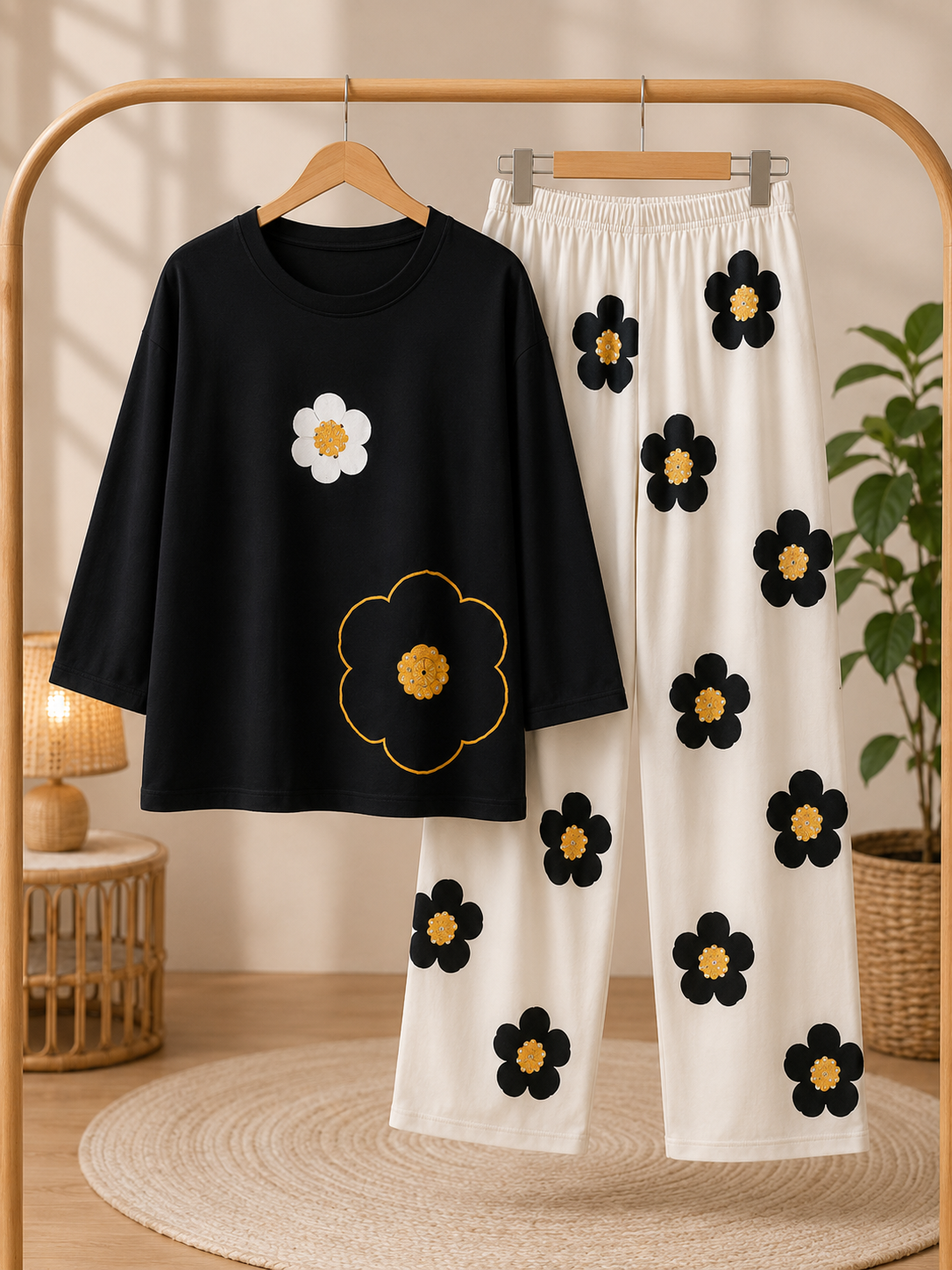 Black And White Flower Love Pj Suit