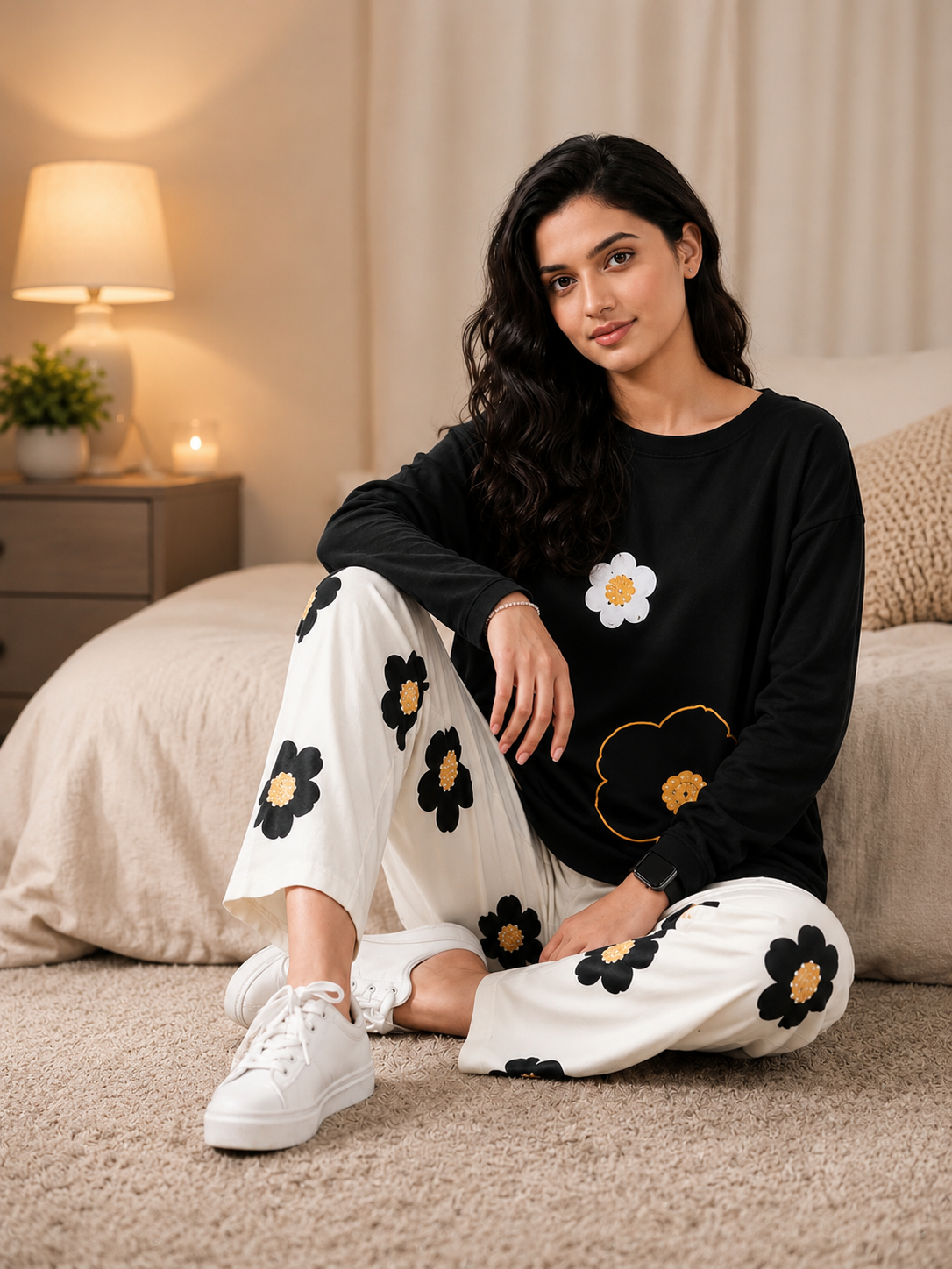 Black And White Flower Love Pj Suit
