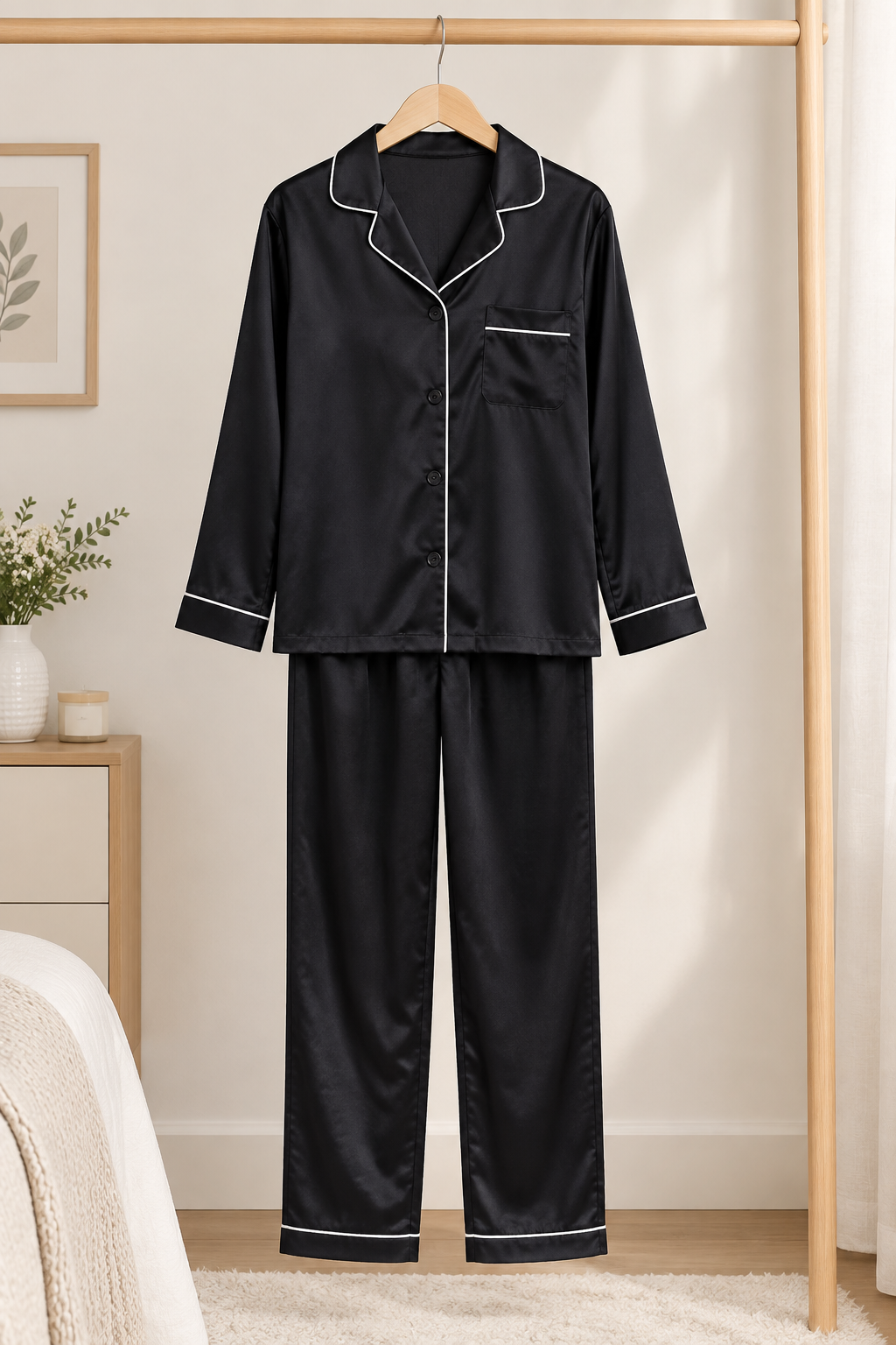 Black Satin Pajama Set