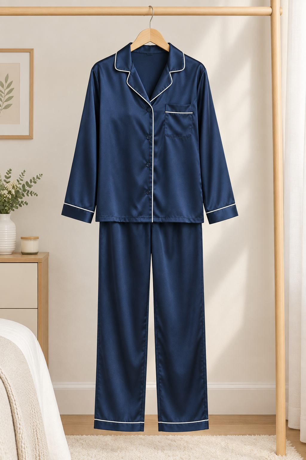 Navy Satin Pajama Set