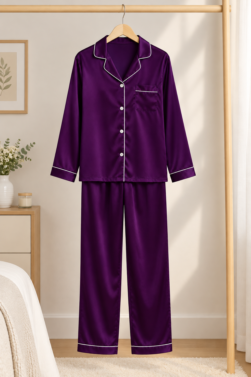 Elegant Plum Satin Pajama Set