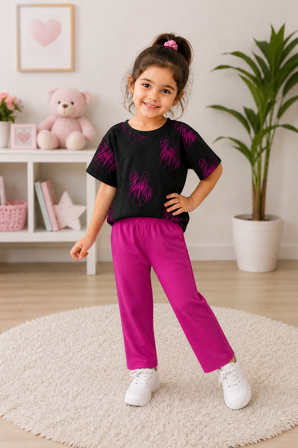 Black And Magenta Heart Kids Night Suit