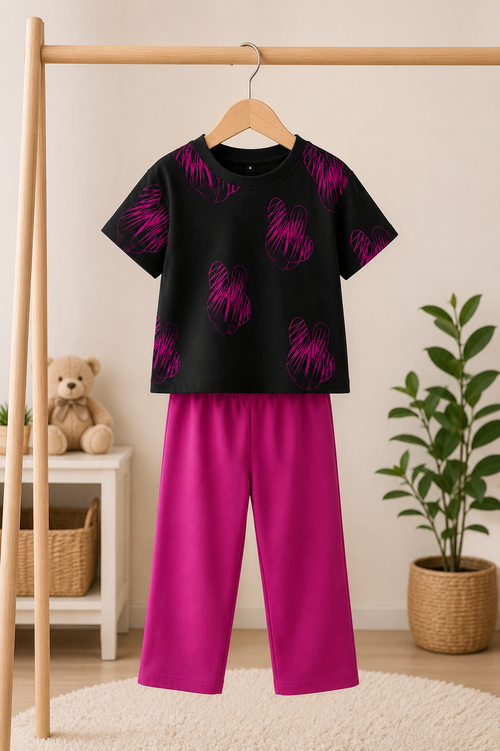Black And Magenta Heart Kids Night Suit