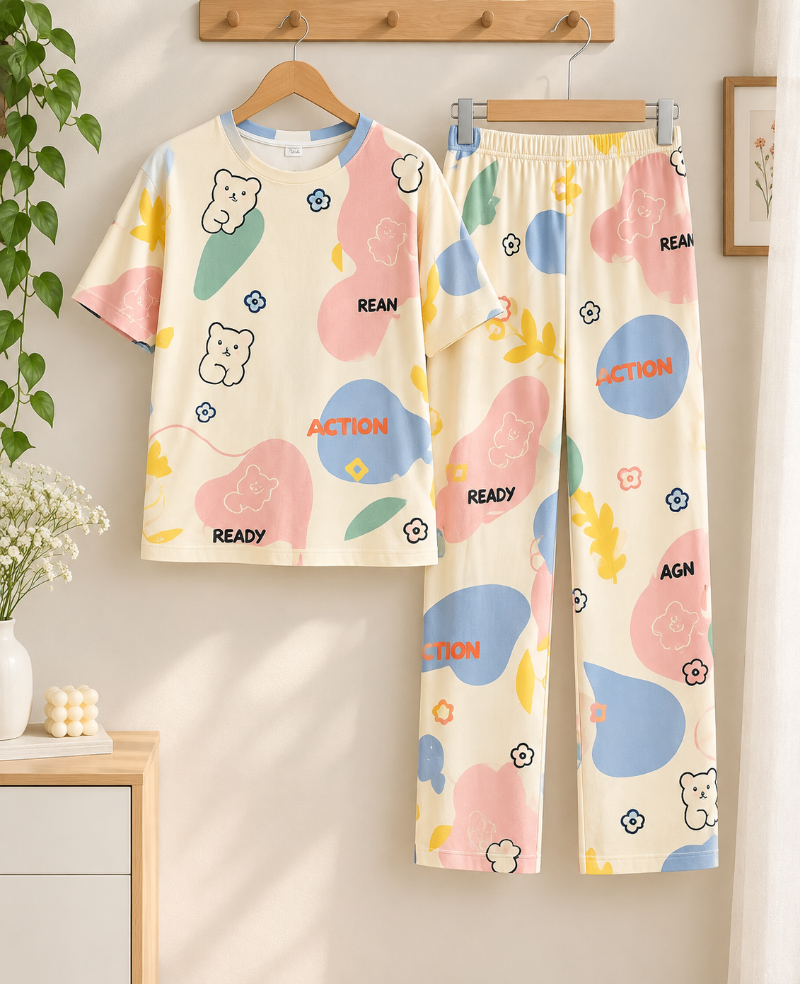 Pastel Bear Print Pj Suit