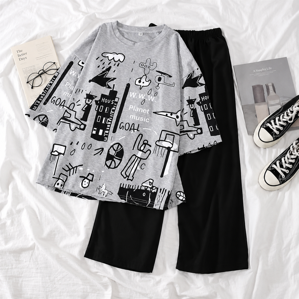 Graphic Tee and Wide Leg Pant Pj Suit
