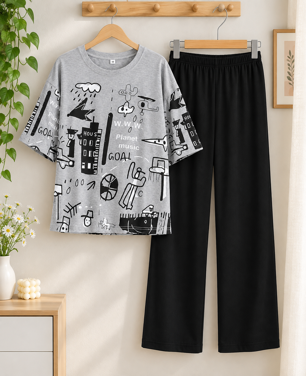 Graphic Tee and Wide Leg Pant Pj Suit