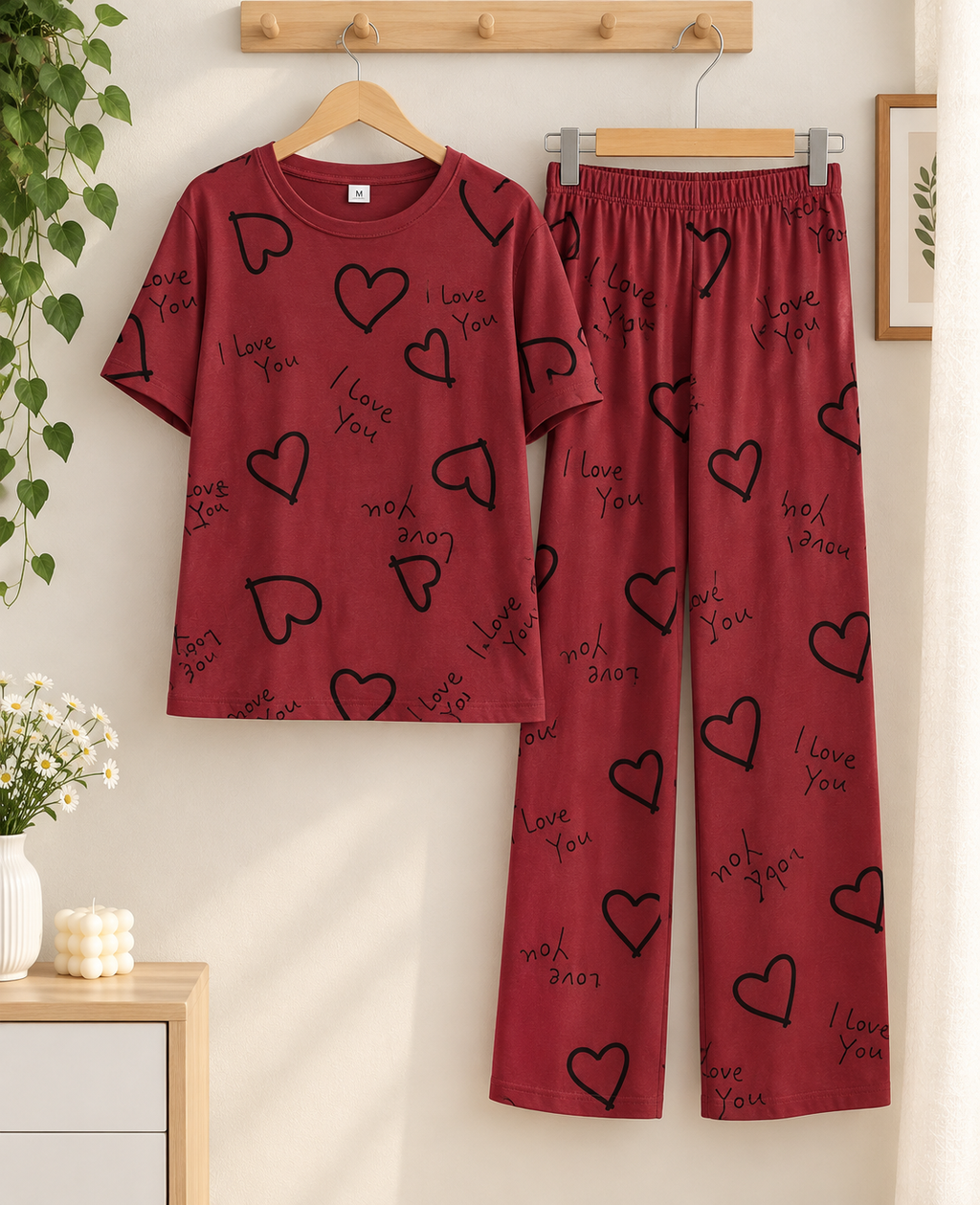 Burgundy Love Print Pj Suit