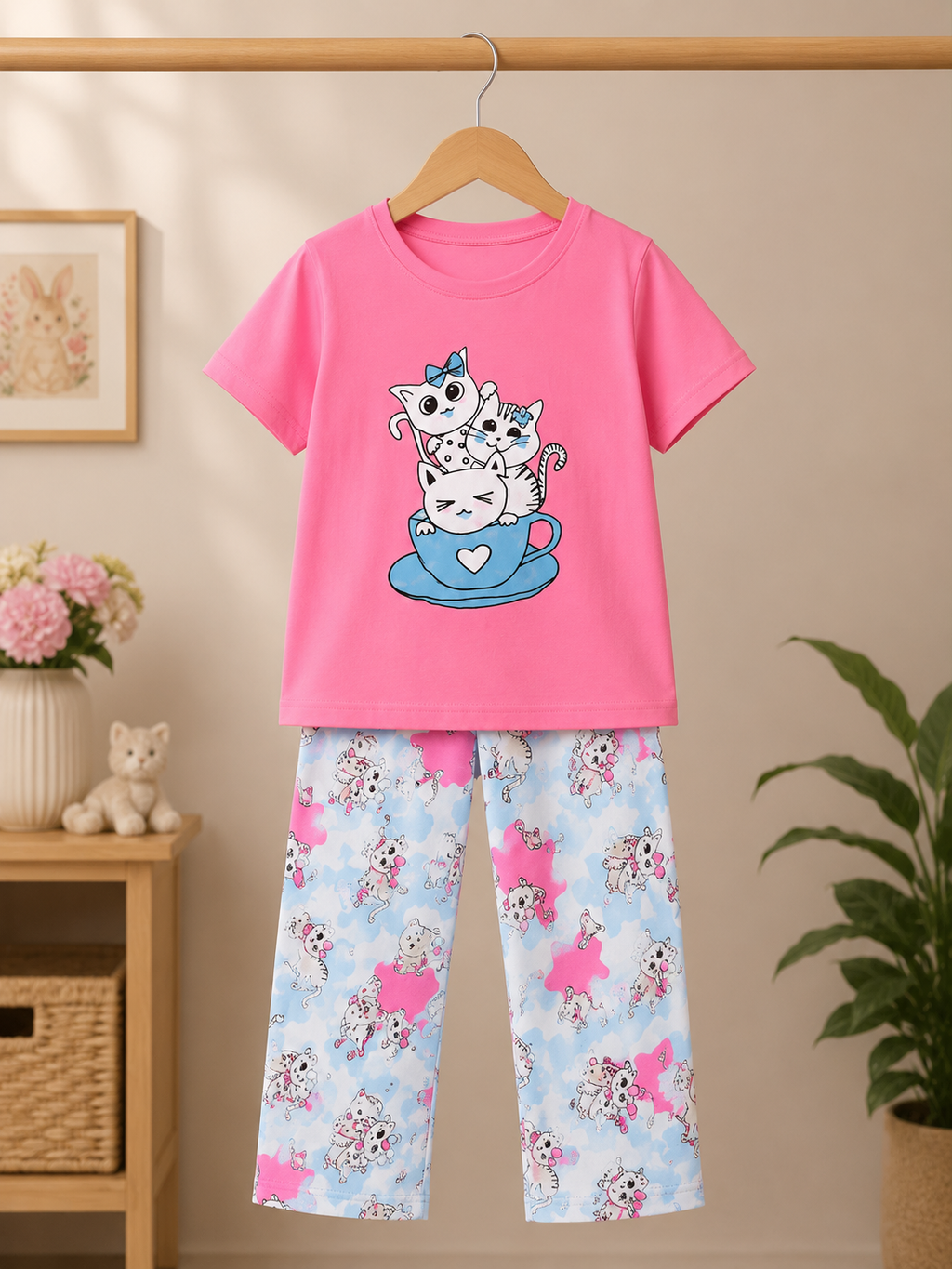 Cat Teacup Love Kids Night Suit