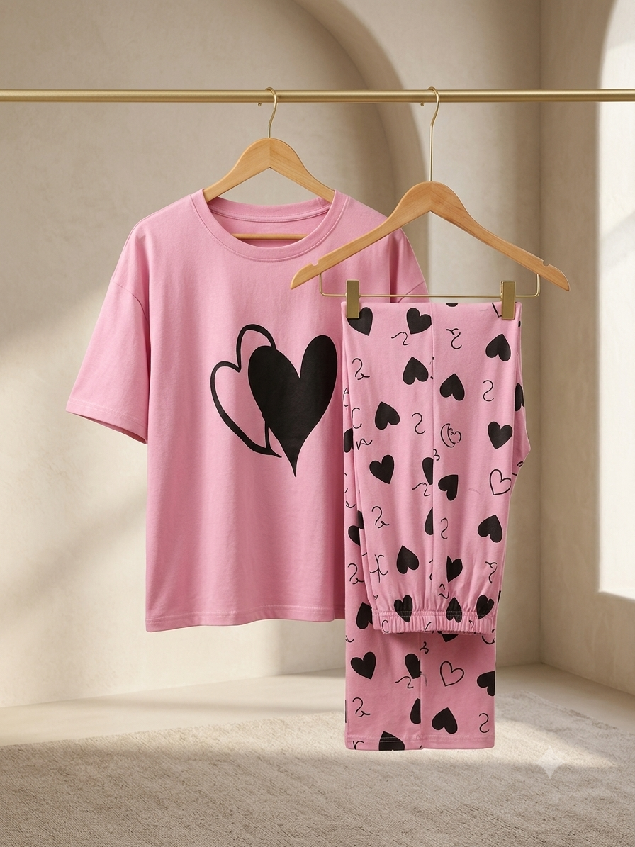 Pink And Black Heart Love Pj Suit