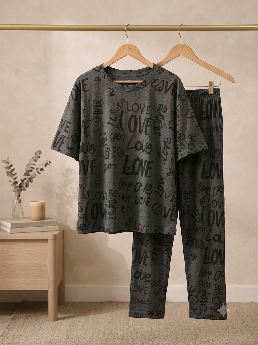 Grey Love Soft Cotton Pj Suit
