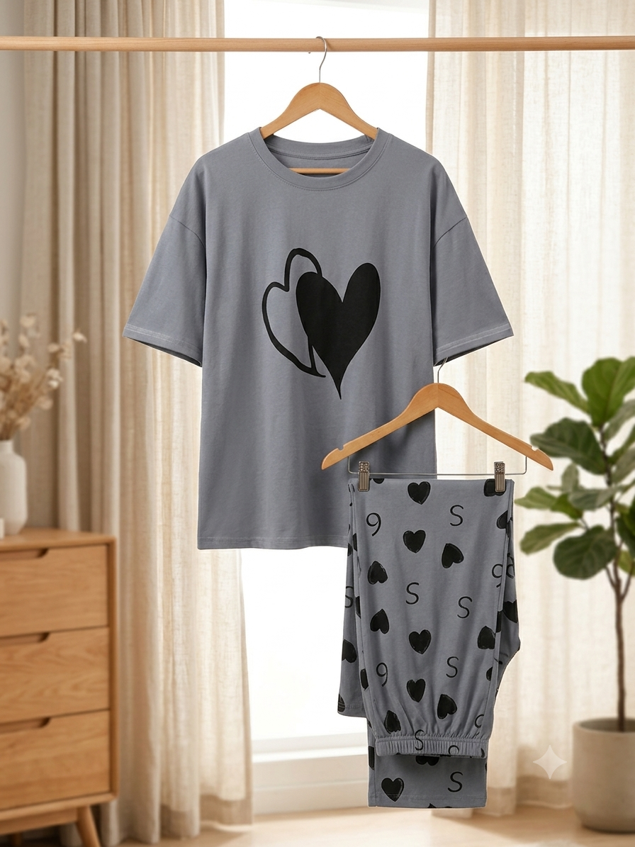 Grey And Black Heart Love Pj Suit