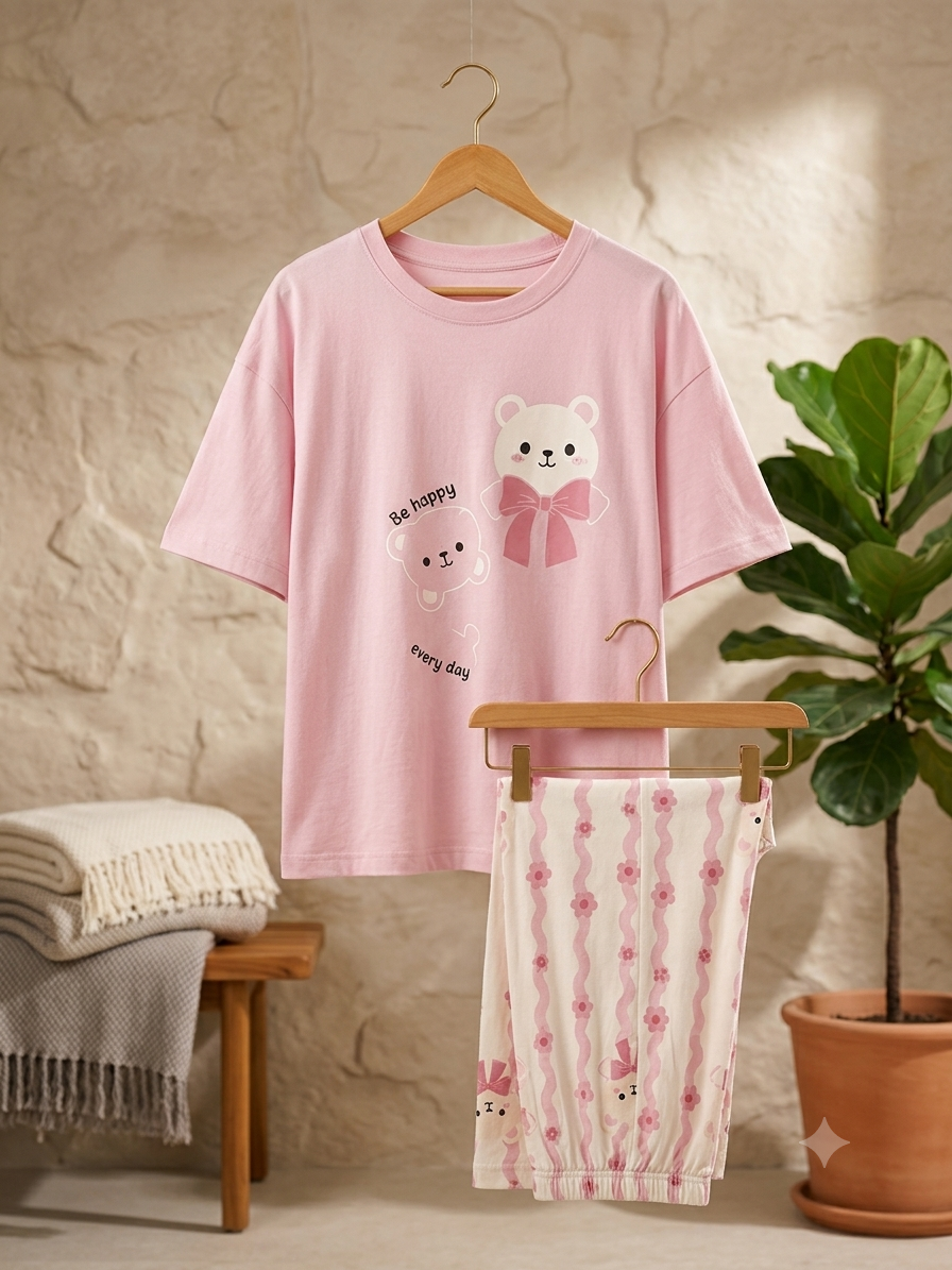 Pink Teddy Love Soft Cotton Pj Suit