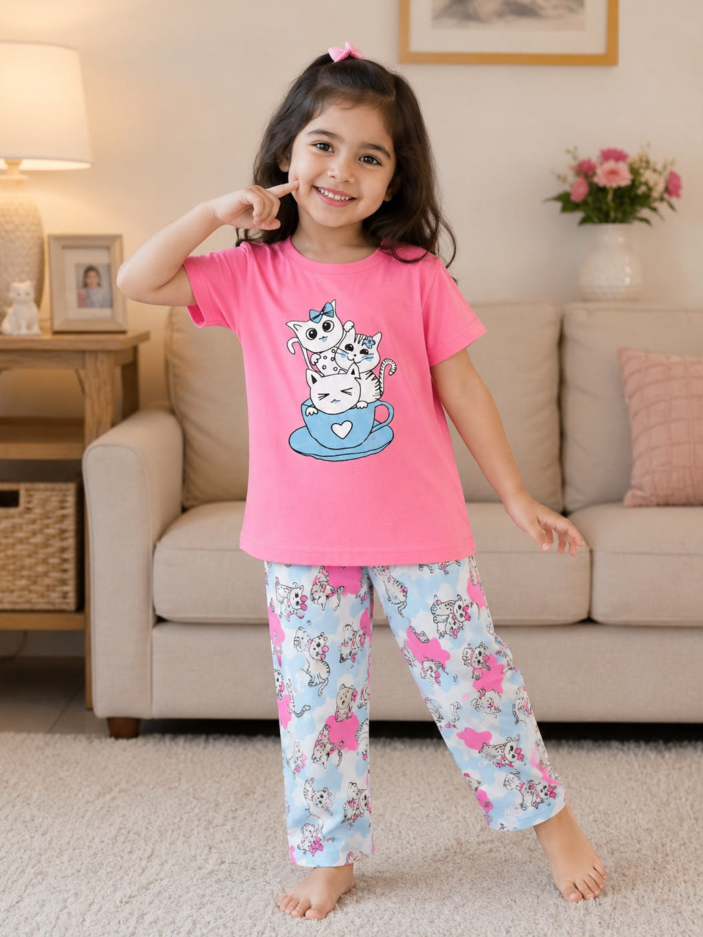 Cat Teacup Love Kids Night Suit