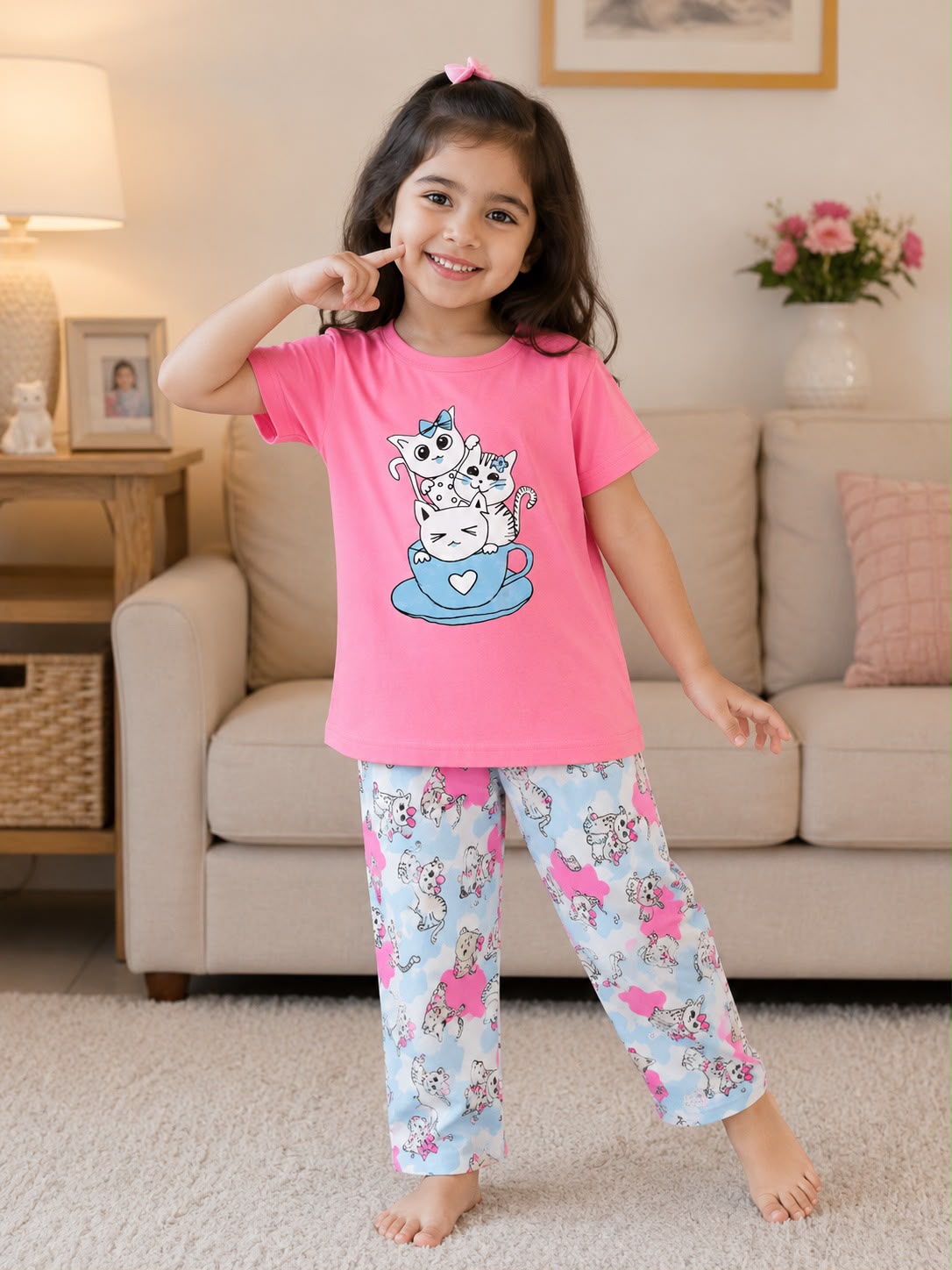 Cat Teacup Love Kids Night Suit