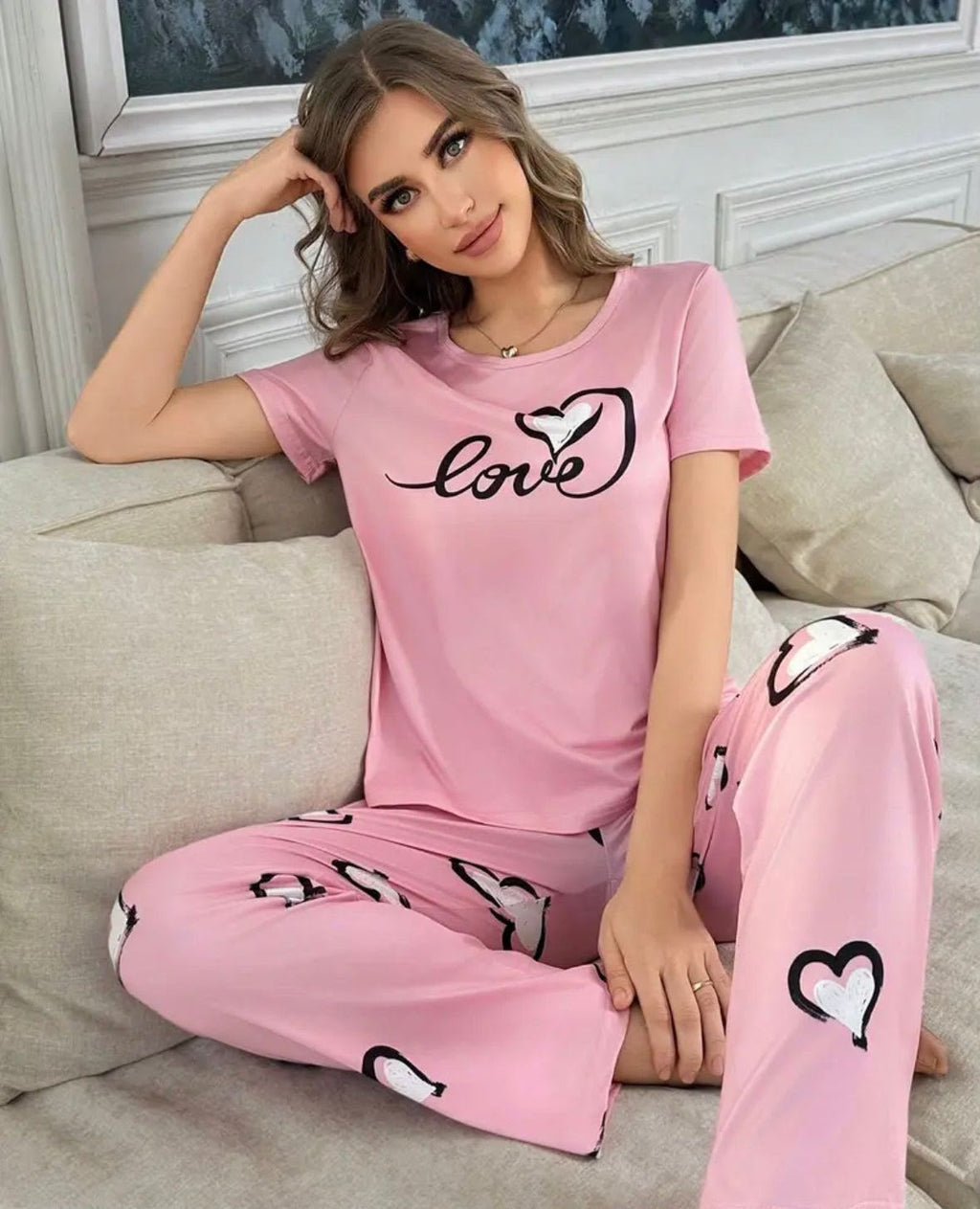 Love Print Pink Pj Suit